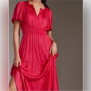 Anthropologie Short Sleeve Somerset Maxi Dress Dark Pink Satin Size 1X NWOT